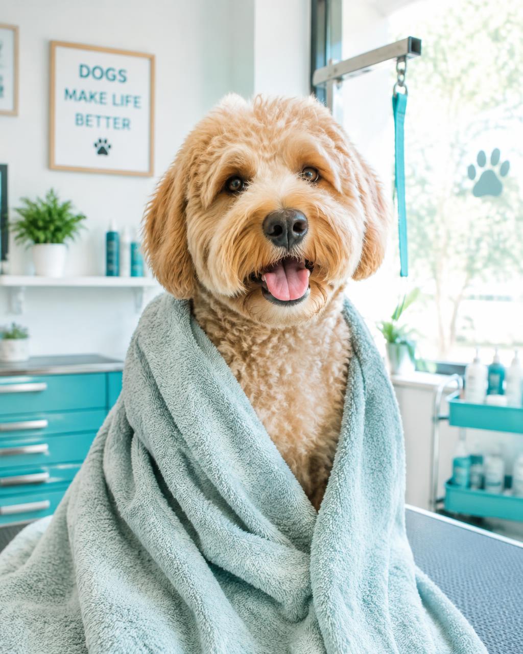 Freshly groomed dog wrapped in a towel at Johnstown Pet Services